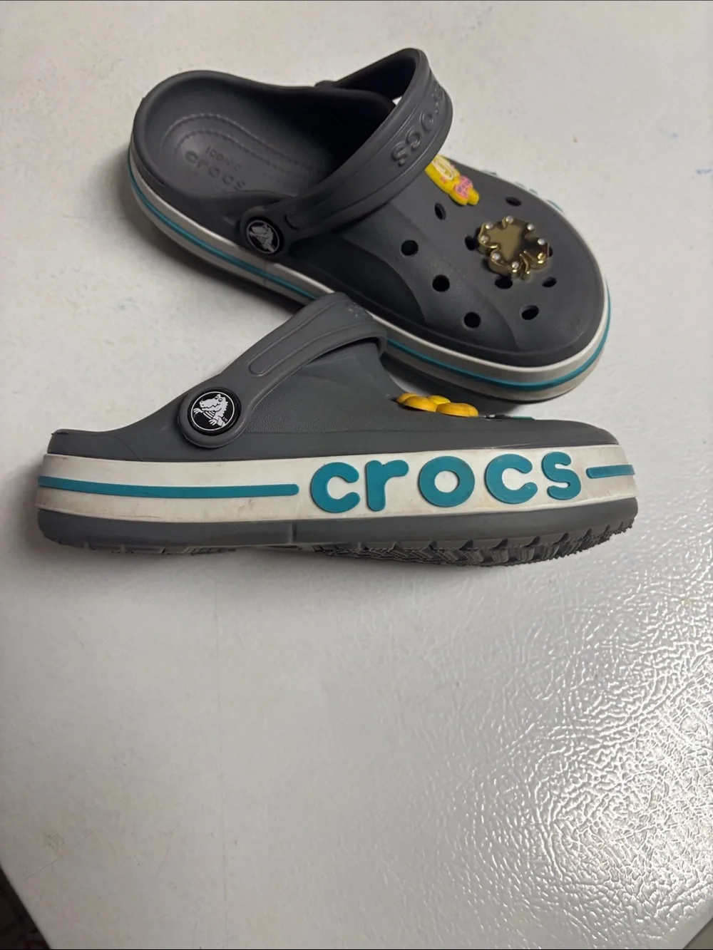 CROCS Kids' Gray Clog with Teal Accent and Fun Jibbitz